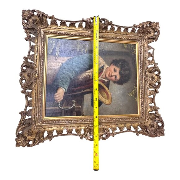 Antique Augusto Bampiani Oil Painting Boy In Hat Ornate Gold Frame Vintage Art - Picture 5 of 8
